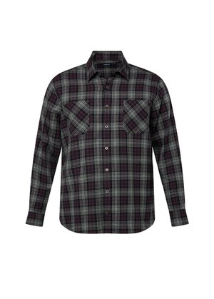 Herret skjorte med lange ærmer i et grå og lilla ternet mønster. Har to brystlommer, knaplukning foran og en traditionel kravedesign.