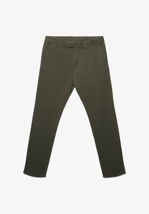 Schmal geschnittene olivgrüne Chinos mit einer glatten Texture, ausgestattet mit Fronttaschen, einem Knopfverschluss und einem klassischen geraden Bein-Design.