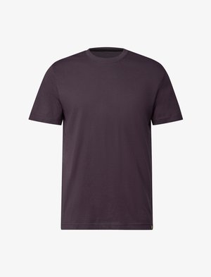 Camiseta de manga corta de color púrpura oscuro hecha de algodón suave, con cuello redondo y un diseño liso sin patrones ni acentos visibles.