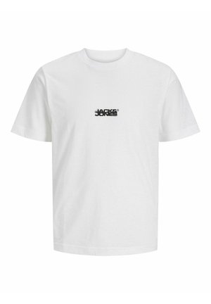 T-shirt in cotone bianco con un piccolo logo nero centrato sul petto. Maniche corte e collo rotondo classico con una texture liscia.