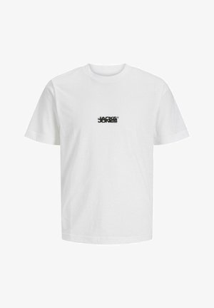 White cotton t-shirt featuring a small black logo centered on the chest. Short sleeves and a classic round neckline with a smooth texture.