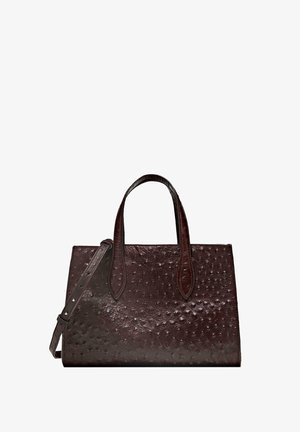 Ostrich leather handbag, dark burgundy, structured shape, dual handles, detachable shoulder strap, textured surface with raised bumps.