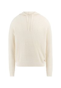 Gevoerde crèmekleurige hoodie met een ruime capuchon, geribde manchetten en zoom. Beschikt over een losse pasvorm en een geweven stofpatroon over het geheel.