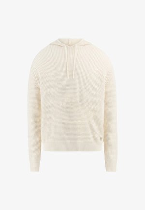 Gevoerde crèmekleurige hoodie met een ruime capuchon, geribde manchetten en zoom. Beschikt over een losse pasvorm en een geweven stofpatroon over het geheel.