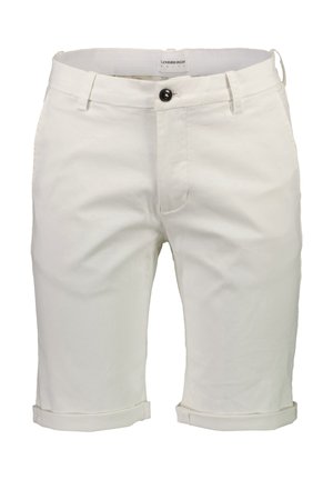 Shorts de algodón blancos con puños doblados, un único botón frontal y cremallera. Cuenta con bolsillos frontales planos y una etiqueta de marca en la cinturilla.