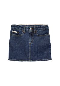 Gonna in denim con una tonalità di blu scuro, design a cinque tasche, chiusura anteriore con bottone e cuciture dorate a contrasto.