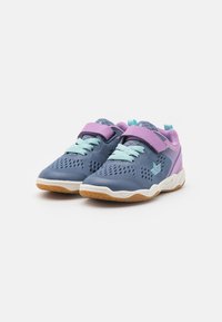 Blue and purple athletic shoes with mesh upper, adjustable strap, light turquoise laces, and tan rubber sole featuring a textured pattern.