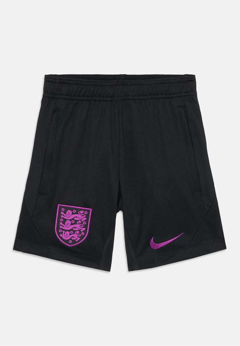 Sorte sportsbukser med et lilla England-våpenskjold på venstre bein og en lilla Nike-logo nederst til høyre. To sidelommer.