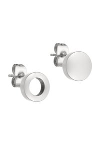 Silberne Ohrstecker mit einem kreisförmigen soliden Disc und einem kreisförmigen hohlen Design, beide mit einer polierten Oberfläche und Butterfly-Verschlüssen.