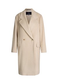 Beige wollen overcoat met een dubbelzijdige voorkant, grote revers, twee voorzakken en een rechte snit.