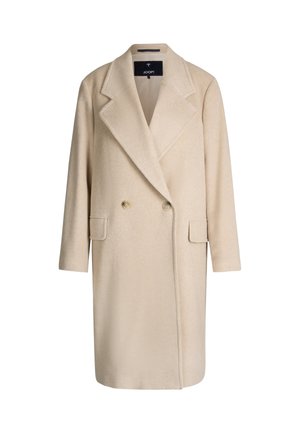 Beige wollen overcoat met een dubbelzijdige voorkant, grote revers, twee voorzakken en een rechte snit.