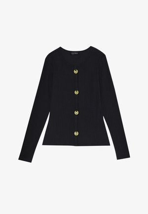 Fekete bordázott, hosszú ujjú felső, kerek nyakkivágással és öt aranyszínű gombbal az elején, formás siluettel és puha textúrával.