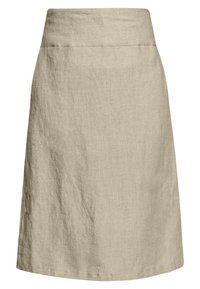 Linnekjol i en ljus beige färg med en mjuk textur och en ren midja. Knälång utan synliga mönster eller detaljer.