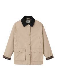 Veste beige avec un col en velours côtelé noir, deux poches avant et des accents à motifs à carreaux sur les poignets. Dotée de boutons-pression et d'une coupe décontractée.