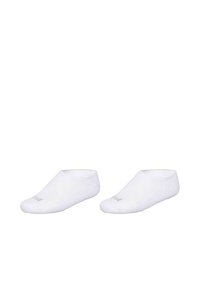 Weiße Unsichtbare Socken aus weichem Stoff, mit einem niedrigen Schnitt, elastischen Öffnungen und minimaler Markenkennzeichnung an der Seite.