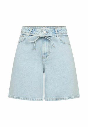 Svetle modré džíny šortky s volným střihem, s páskem na stažení, pěti kapsami a mírným opotřebením.