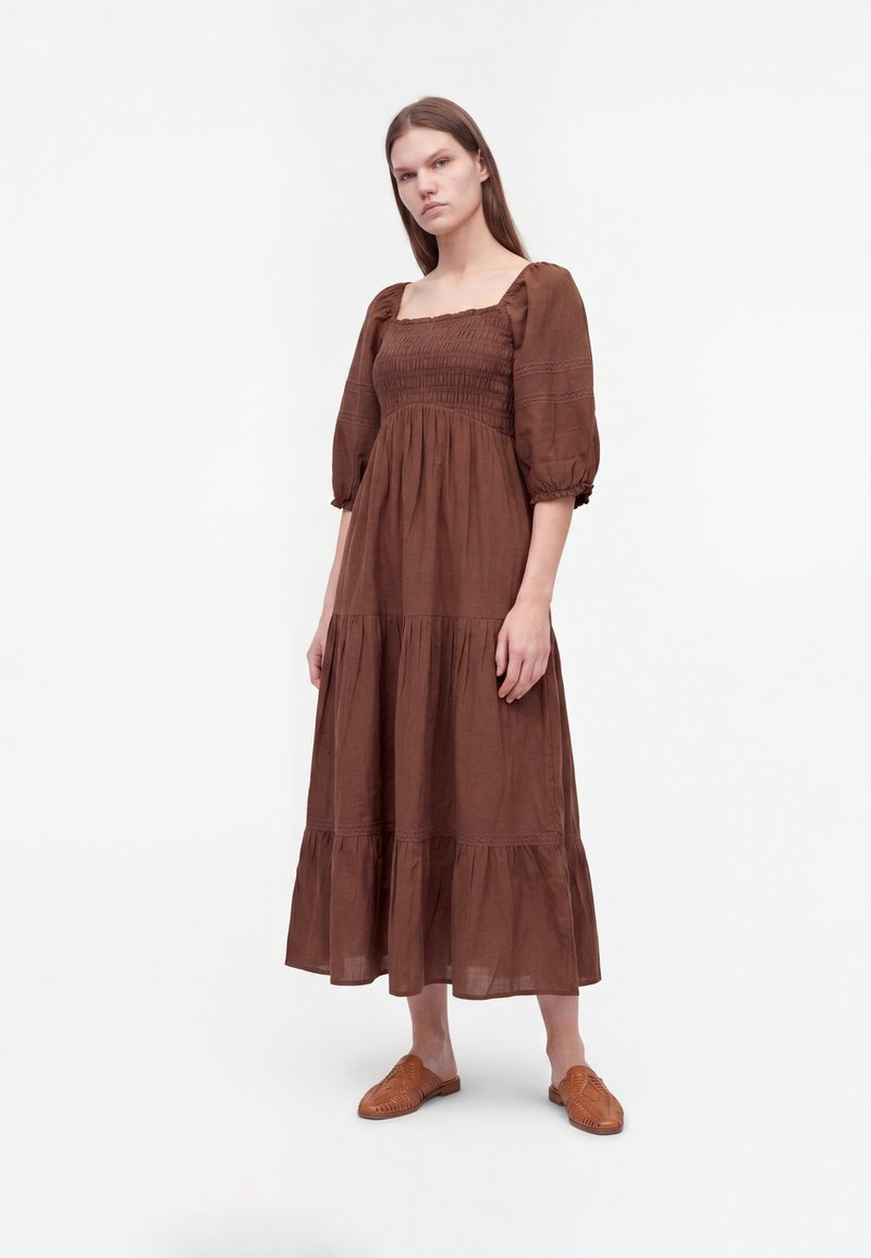 new look brown dress DARK SHIRRED MILKMAID MIDI - Day dress - dark chocolate brown midi dress
