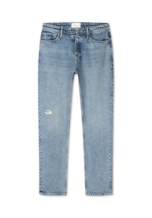 Lichtblauwe denim jeans met een hoge taille, knoopsluiting, vijf pockets en een kleine versleten scheur op de linker dij.