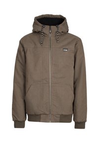 Braune isolierte Jacke mit Kapuze, vorderem Reißverschluss und Kordelzügen. Zwei Seitentaschen mit gerippten Bündchen und Saum, strukturierter Stoffoberfläche.
