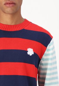 Pull en tricot à rayures horizontales rouges et bleu marine, avec des manches à rayures bleues et un logo floral blanc sur la poitrine.