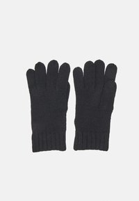 Black knitted gloves with a ribbed cuff, designed with separate finger openings for full dexterity. Soft texture and even stitching detail.