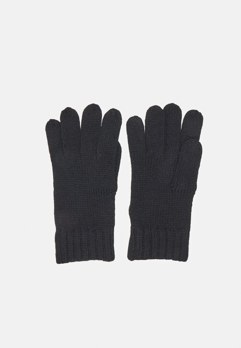 Black knitted gloves with a ribbed cuff, designed with separate finger openings for full dexterity. Soft texture and even stitching detail.