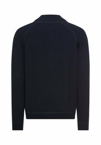 Marineblauer Pullover mit hohem Kragen, gerippten Bündchen und glatter Textur. Mit Raglanärmeln und geradem Saum.