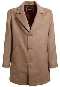 Herre camelbrun uldblandingsfrakke med nøglelapeller, tre knapper, sidelommer og mørk maroon inderside fra Guess.
