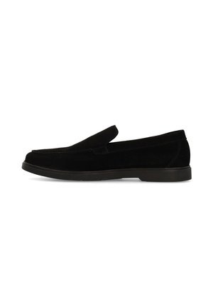 Black suede men's slip-on loafer with low heel and rounded toe shown from the side on a white background.