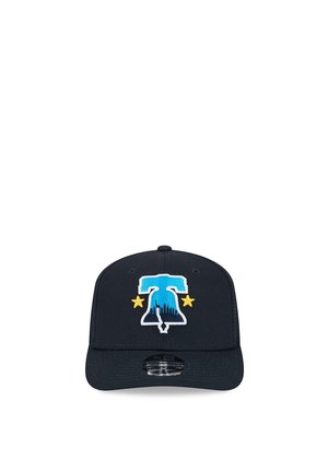 Black baseball cap with a blue and white Liberty Bell logo, two yellow stars on sides, and a curved brim with a silver sticker on front center.