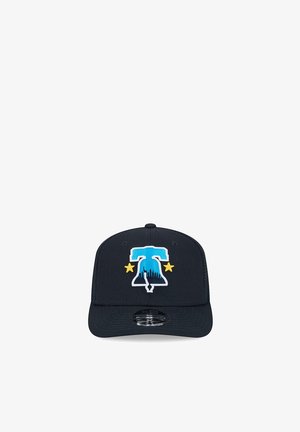 Black baseball cap with a blue and white Liberty Bell logo, two yellow stars on sides, and a curved brim with a silver sticker on front center.
