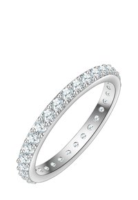 Pierścionek wieczności z diamentami z polerowaną srebrną obrączką. Osadzony z okrągło ciętymi diamentami wzdłuż górnej części oraz małymi kamieniami wkomponowanymi w obrączkę.