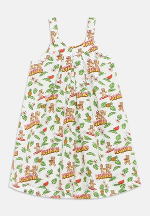 Bela obleka brez rokavov z naramnicami in motivi pisanih medvedkov, tropskih listov, ananasov, lubenic, cvetlic ter tiskom besede "Moschino".