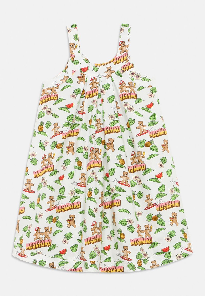 Λευκό αμάνικο φόρεμα με τιράντες, διακοσμημένο με πολύχρωμες αρκουδάκια, τροπικά φύλλα, ανανάδες, καρπούζια, λουλούδια και το κείμενο "Moschino".