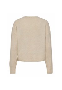 Pull beige en tricot à manches longues avec un col rond orné de petites perles, vu de dos.