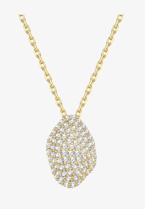 Gold chain necklace featuring a textured, oval pendant adorned with clear crystals and gold accents, arranged in a spiral pattern.