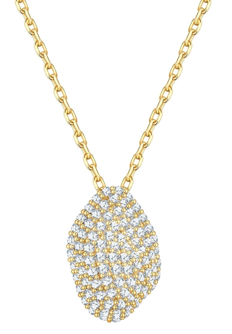 Kuldne kett, millel on tekstureeritud ovaalne ripats, kaunistatud selgete kristallidega ja kuldsete aktsentidega, paigutatud spiraalimustrisse.