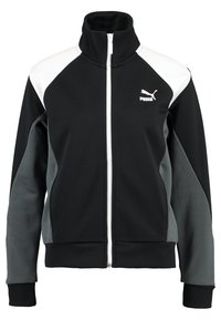 Svart och grå zip-jacka med hög krage, långa ärmar, vita detaljer och Puma-logotyp på bröstet. Mjukt tyg med texturerade paneler.