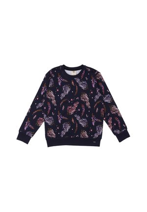 Marineblaues Sweatshirt mit einem floralen Muster aus lila, rosa und weißen Blumen. Gerippte Bündchen und Saum, aus weichem Baumwollmaterial.