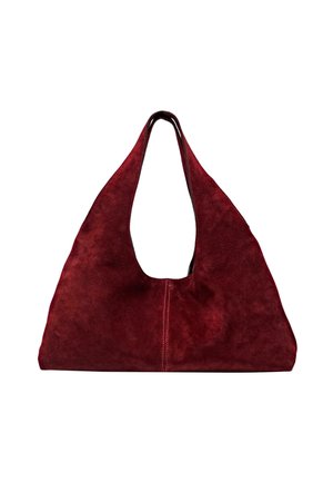 Suede shoulder bag in deep red with a hobo shape, deep cut handle, and smooth texture. Seam detailing enhances the overall design.
