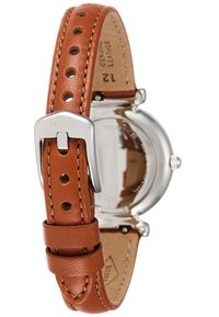 Brown genuine leather strap with perforations and silver metal buckle. Stainless steel case visible from the back. Simple, classic design.