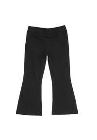 Pantalon noir taille bébé avec ceinture élastique et jambes légèrement évasées, posé à plat sur un fond blanc.