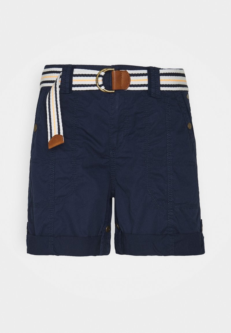 Shorts bleu marine en tissu texturé, dotés d'une ceinture tissée rayée avec une boucle circulaire et un accent en cuir brun. Comprend des revers.