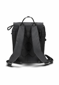 Sac à dos noir avec des bretelles rembourrées, une poignée supérieure et une fermeture éclair. Présente un motif texturé sur la surface arrière.