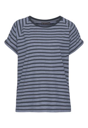 Kortærmet T-shirt med blå og mørkegrå striber, rund hals og et lille mærkelabel ved halsudskæringen.