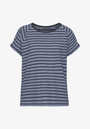 T-shirt à manches courtes rayé bleu et gris foncé avec col rond et petite étiquette de marque au niveau du col.