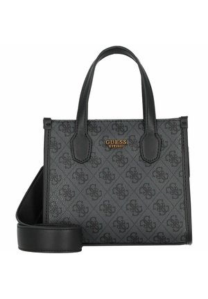 Sac à main Guess noir et gris avec motif logo, deux poignées courtes et une bandoulière amovible.