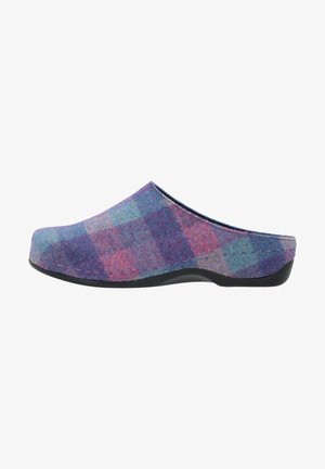 Multicolored felt clogs featuring a purple, blue, and pink plaid pattern. Soft upper with a flexible black rubber sole. Round toe design.