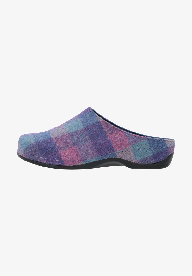 Multicolored felt clogs featuring a purple, blue, and pink plaid pattern. Soft upper with a flexible black rubber sole. Round toe design.