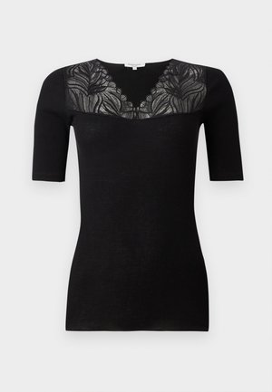 Black ribbed short-sleeve top featuring a V-neckline with intricate lace detailing on the shoulders. Smooth texture, form-fitting design.